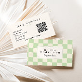 Carte De Visite Retro Green Cream Wavy Checkered Boho QR Code