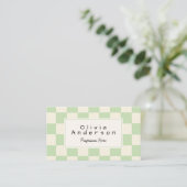 Carte De Visite Retro Green Cream Wavy Checkered Boho QR Code (Debout devant)