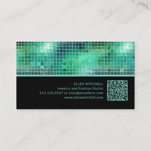 Carte De Visite Rétro Green Disco Ball Mirror | Code QR (Dos)