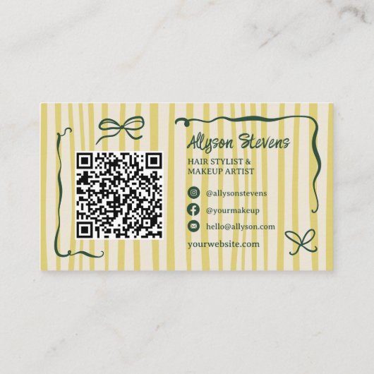 Carte De Visite Retro Green Striped Quirky Hair photo qr code Logo (Dos)