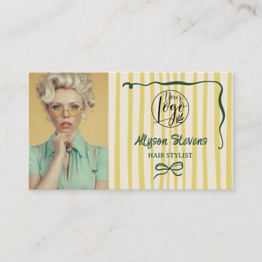 Carte De Visite Retro Green Striped Quirky Hair photo qr code Logo (Devant)