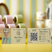 Carte De Visite Retro Green Striped Quirky Hair photo qr code Logo
