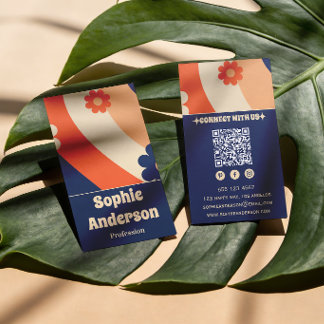 Carte de visite rétro groovy florale avec code QR
