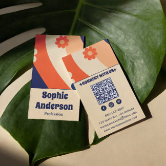 Carte de visite rétro groovy florale avec code QR