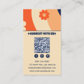 Carte de visite rétro groovy florale avec code QR (Dos)