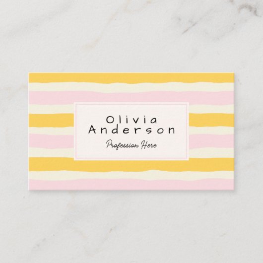 Carte De Visite Retro Hand Drawn Pink Yellow Stripes QR Code Boho (Devant)