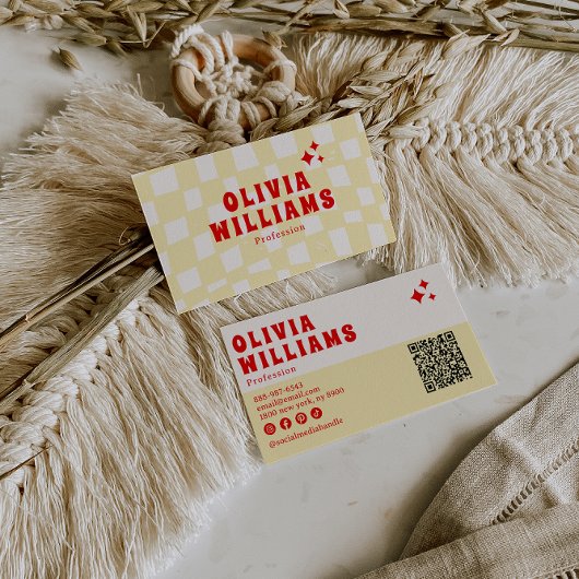 Carte De Visite Retro jaune gras Super À damiers Funky QR Code