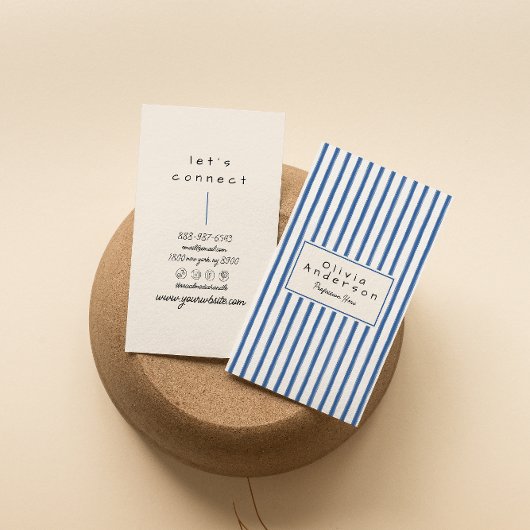 Carte De Visite Retro Marine Bleu Main Tirée Stripes Boho Unique