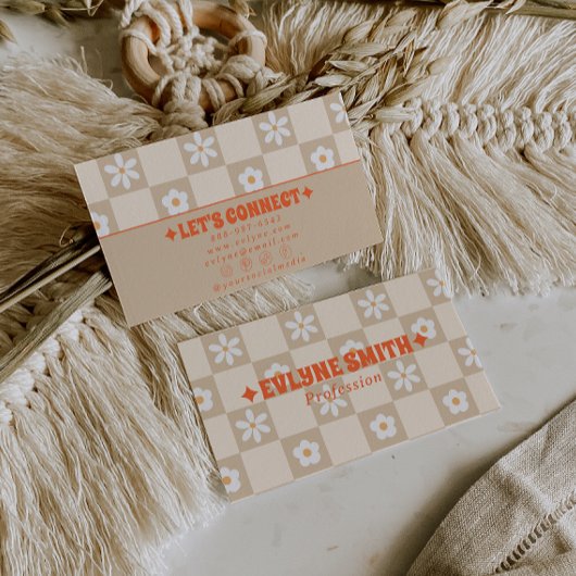 Carte De Visite Retro Orange Beige Checkered Groovy Floral Boho 