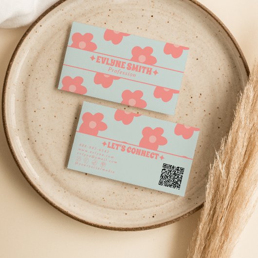 Carte De Visite Retro Pastel Pink QR Code Groovy Floral Boho Girly