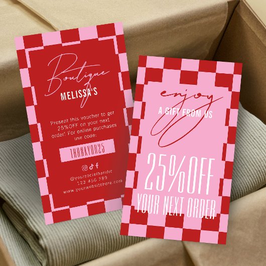 Carte De Visite Retro Pink Business Next Order Discount Voucher