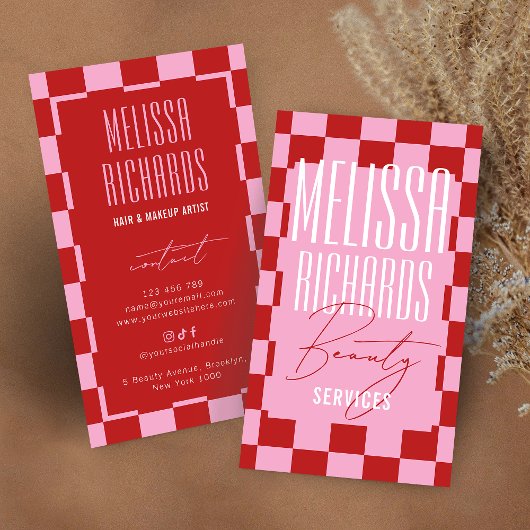 Carte De Visite Retro Pink Checkered Aesthetician Lashes Salon