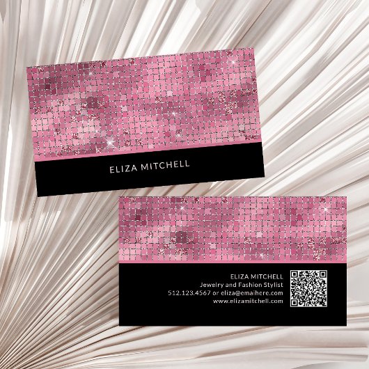 Carte De Visite Rétro Pink Disco Ball Mirror | Code QR