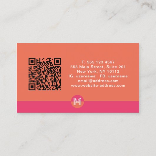 Carte De Visite Retro Pink Orange Geometric Monogram QR Code (Dos)