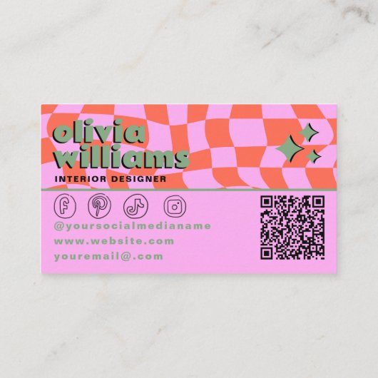 Carte De Visite Retro Pink Orange QR Code Groovy Checkered Unique (Dos)