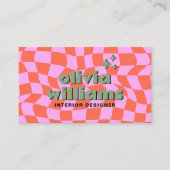 Carte De Visite Retro Pink Orange QR Code Groovy Checkered Unique (Devant)