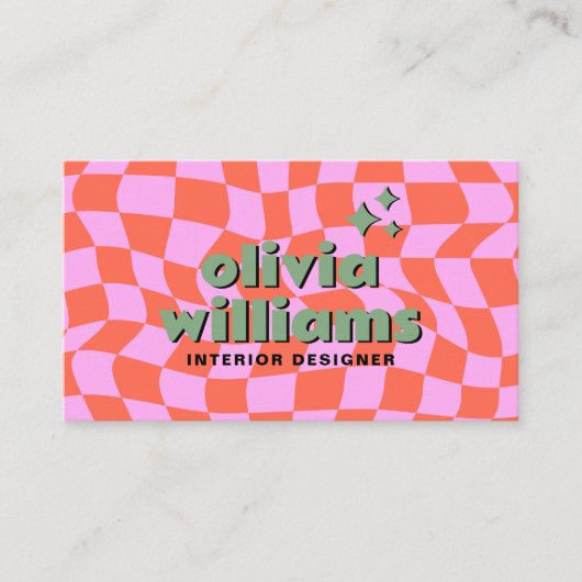 Carte De Visite Retro Pink Orange QR Code Groovy Checkered Unique (Devant)