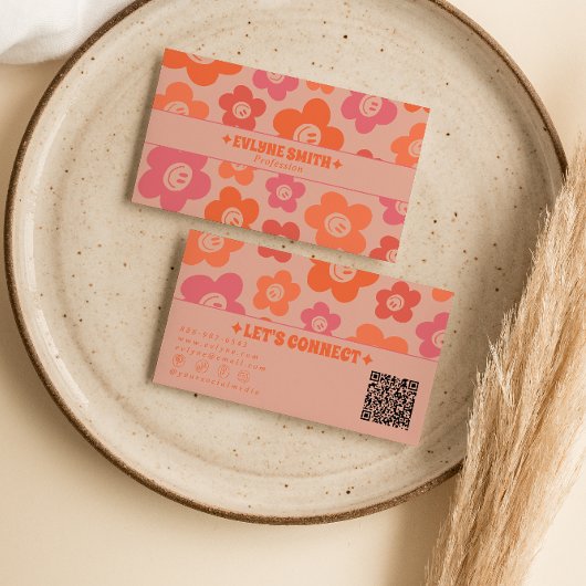 Carte De Visite Retro Pink Orange QR Code Groovy Smiling Flowers 