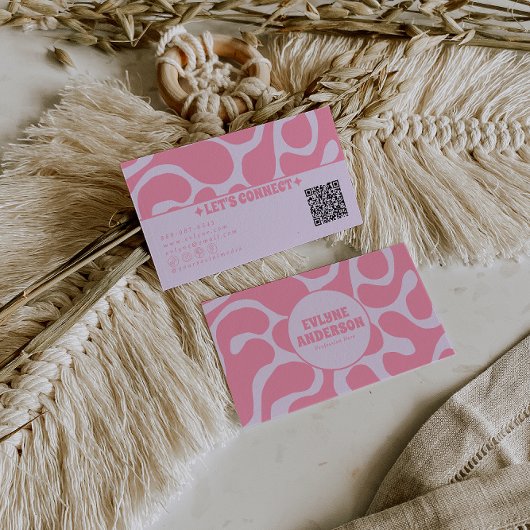 Carte De Visite Retro Pink Pastel QR Code 70s Groovy Girly Trendy