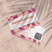 Carte De Visite Retro Pink & Peach Wavy Pattern with QR Code 