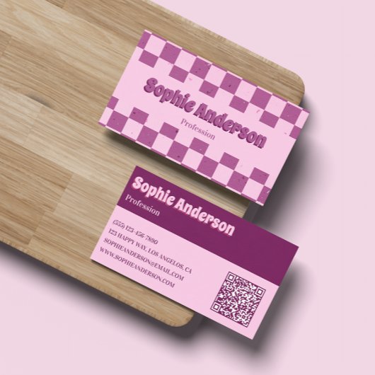 Carte De Visite Retro Pink & Purple Checkerboard with QR Code