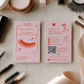 Carte De Visite Retro Pink Red Doodles Lash Tech QR Code