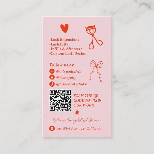 Carte De Visite Retro Pink Red Doodles Lash Tech QR Code (Dos)