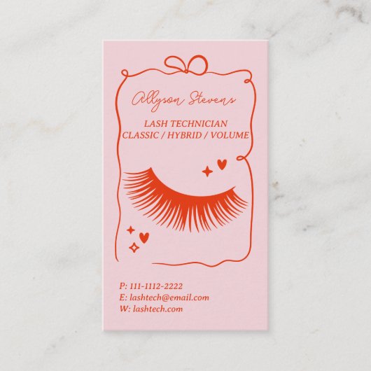 Carte De Visite Retro Pink Red Doodles Lash Tech QR Code (Devant)