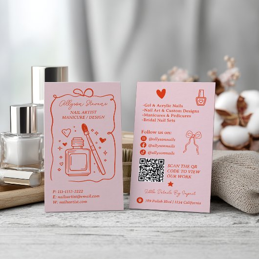 Carte De Visite Retro Pink Red Doodles Nails Artist QR Code