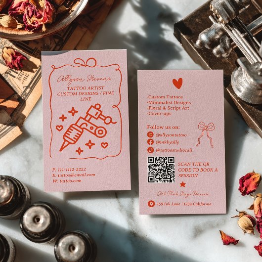 Carte De Visite Retro Pink Red Doodles Tattoo Artist QR Code