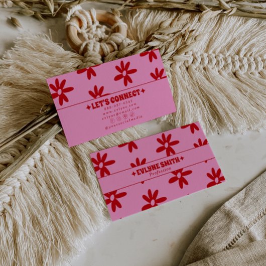 Carte De Visite Retro Pink Red Groovy Floral Boho Girly Trendy