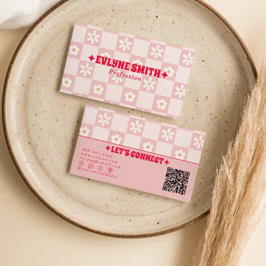Carte De Visite Retro Pink Red QR Code Checkered Groovy Floral