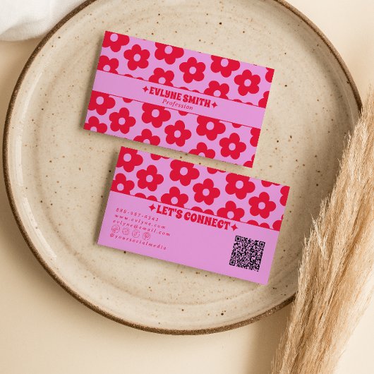 Carte De Visite Retro Pink Red QR Code Groovy Floral Boho Girly