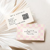 Carte De Visite Retro Pink Wavy Checkered Girly Pastel QR Code
