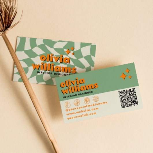 Carte De Visite Retro QR Code Psychedelic Groovy Checkered Unique