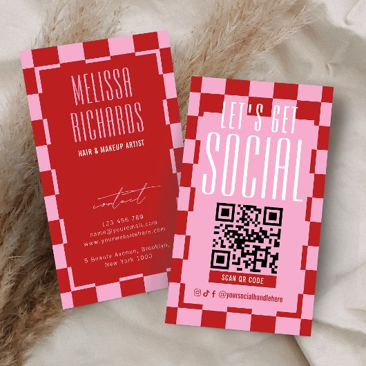 Carte De Visite Retro Red & Pink Social Media Scannable QR Code
