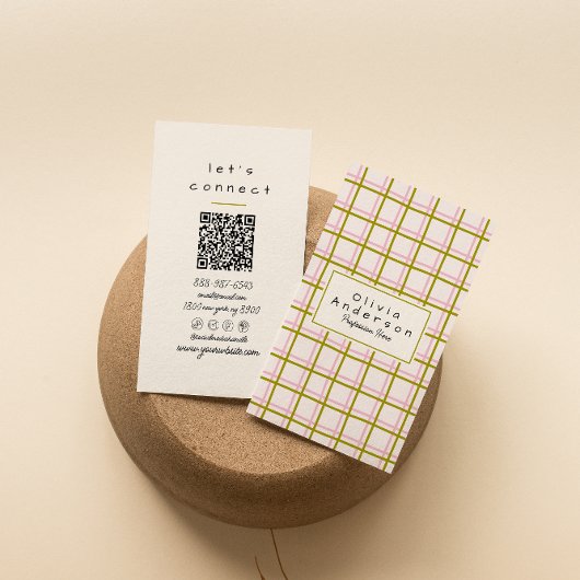 Carte De Visite Retro Rose Vert À damiers rayures Code QR tendance