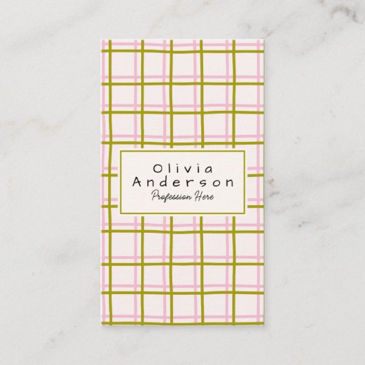 Carte De Visite Retro Rose vert À damiers rayures tendance Boho (Devant)
