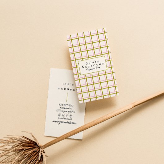 Carte De Visite Retro Rose vert À damiers rayures tendance Boho
