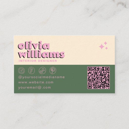 Carte De Visite Retro rose vert QR Code Super À damiers funky (Dos)