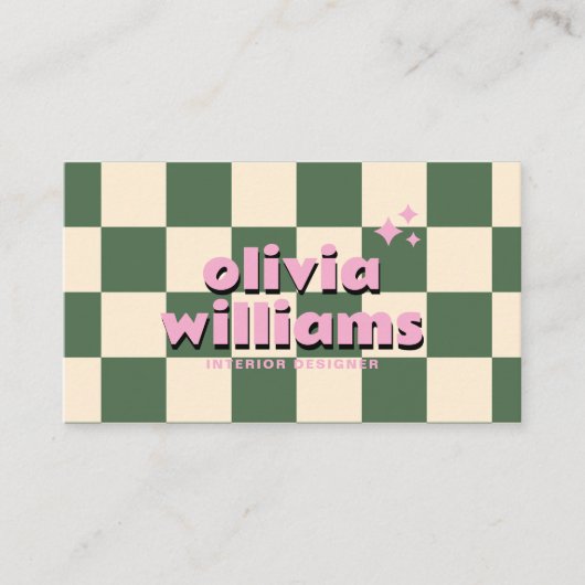 Carte De Visite Retro rose vert QR Code Super À damiers funky (Devant)