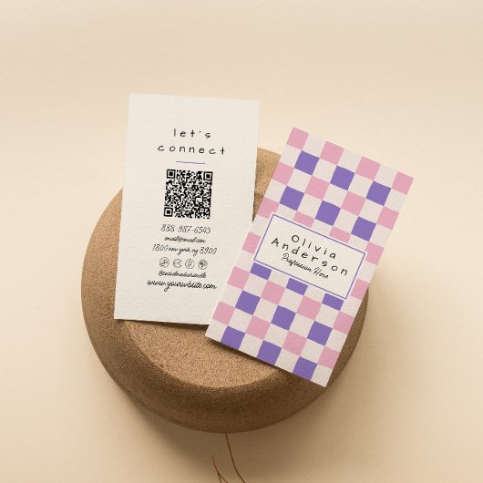 Carte De Visite Retro rose violet À damiers code QR Boho tendance