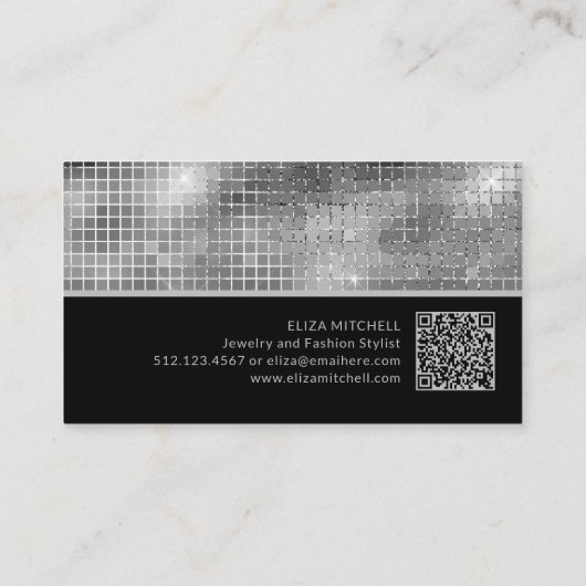 Carte De Visite Rétro Silver Grey Disco Ball Mirror | Code QR (Dos)
