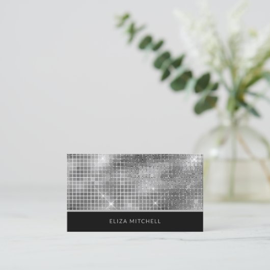 Carte De Visite Rétro Silver Grey Disco Ball Mirror | Code QR (Debout devant)