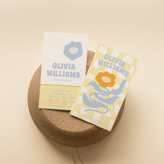 Carte De Visite Retro Soft Boho Groovy Checkered Floral Unique 70s