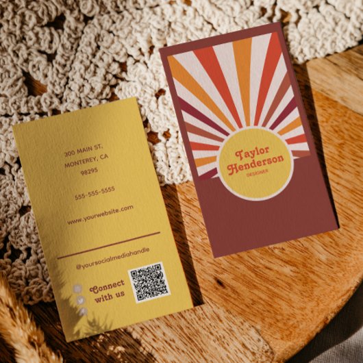 Carte De Visite Retro Sunset Sun Rays Social Media QR Code