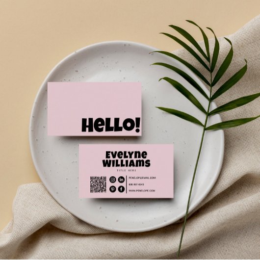 Carte De Visite Retro Super Blush Rose QR Code Boho Girl Bonjour