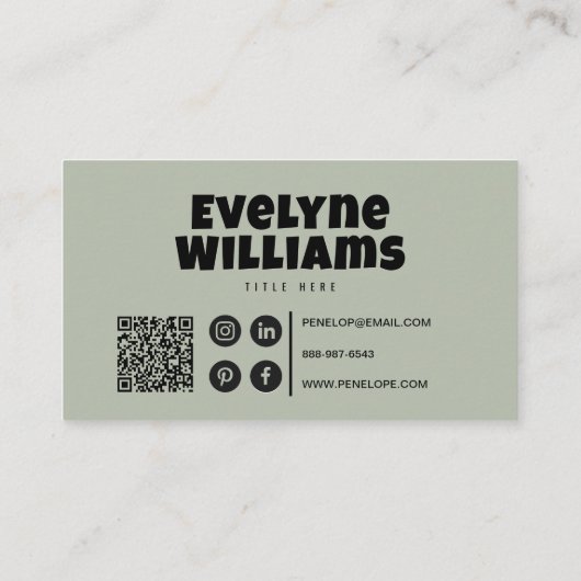 Carte De Visite Retro Super Neutre Sage Vert QR Code Hello Boho (Dos)