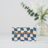 Carte De Visite Retro Wavy Checkerboard Funky Blue Beige  (Debout devant)
