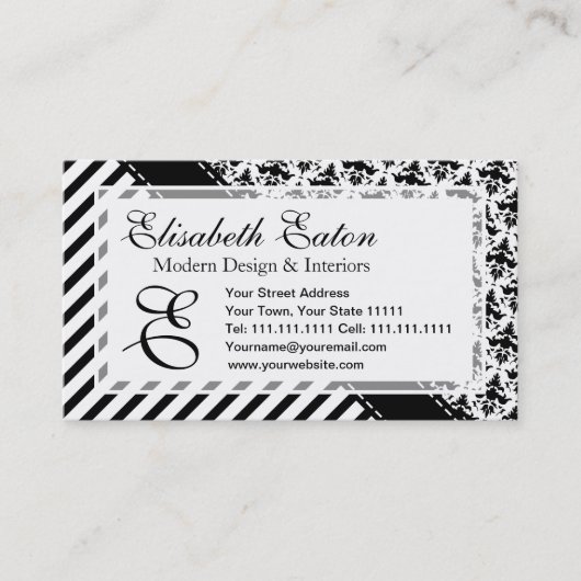 Carte De Visite Rétros rayures et damassé noires et blanches (Devant)